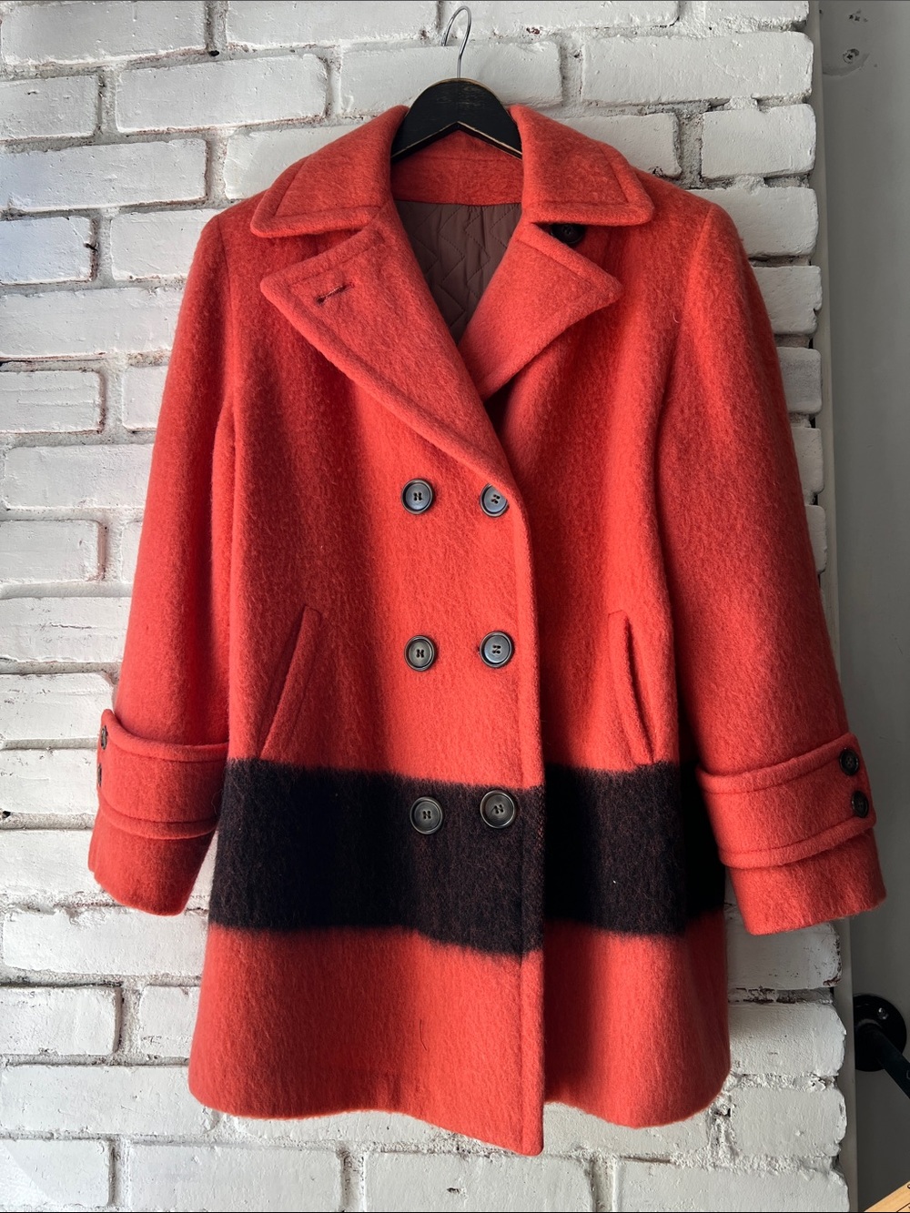 1960s Womens peach orange Wool Blend Double-Breasted Coat inner quilt